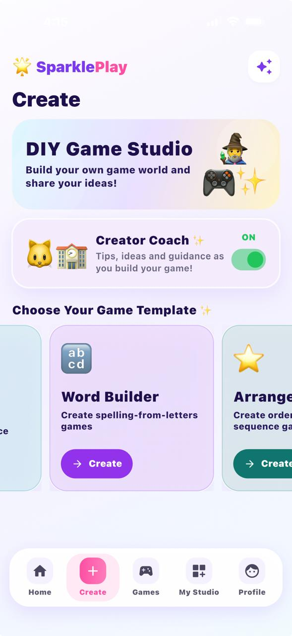 SparklePlay template selection screen