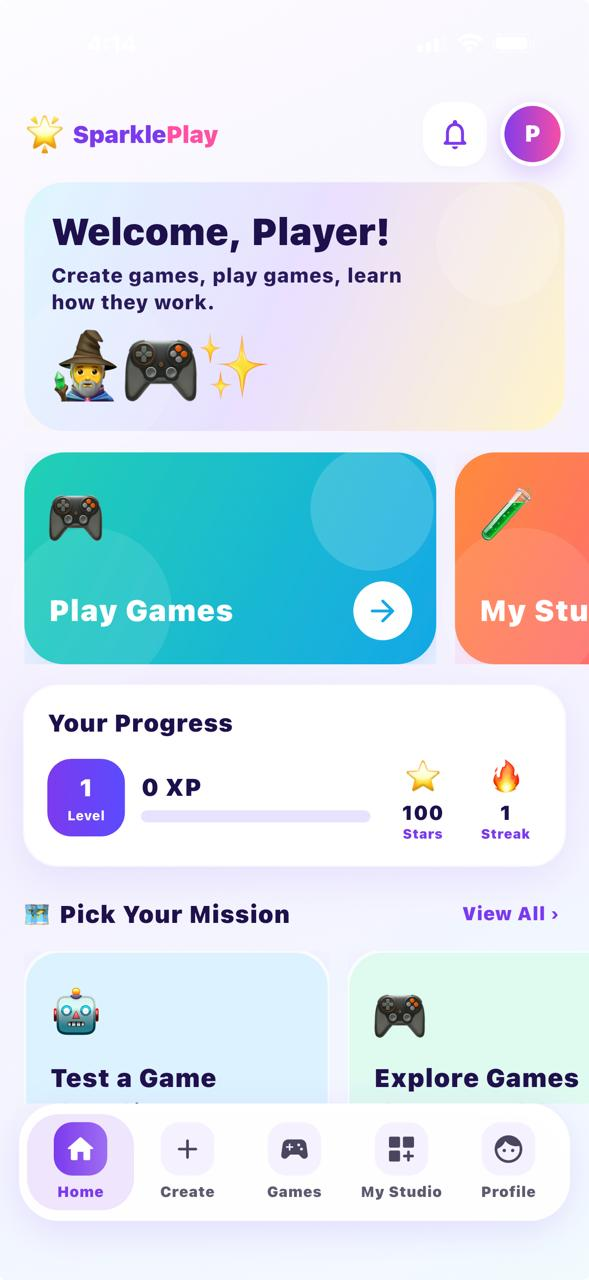 SparklePlay home screen showing welcome card, progress and bottom navigation