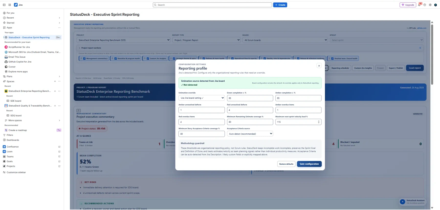 StatusDeck reporting profile configuration