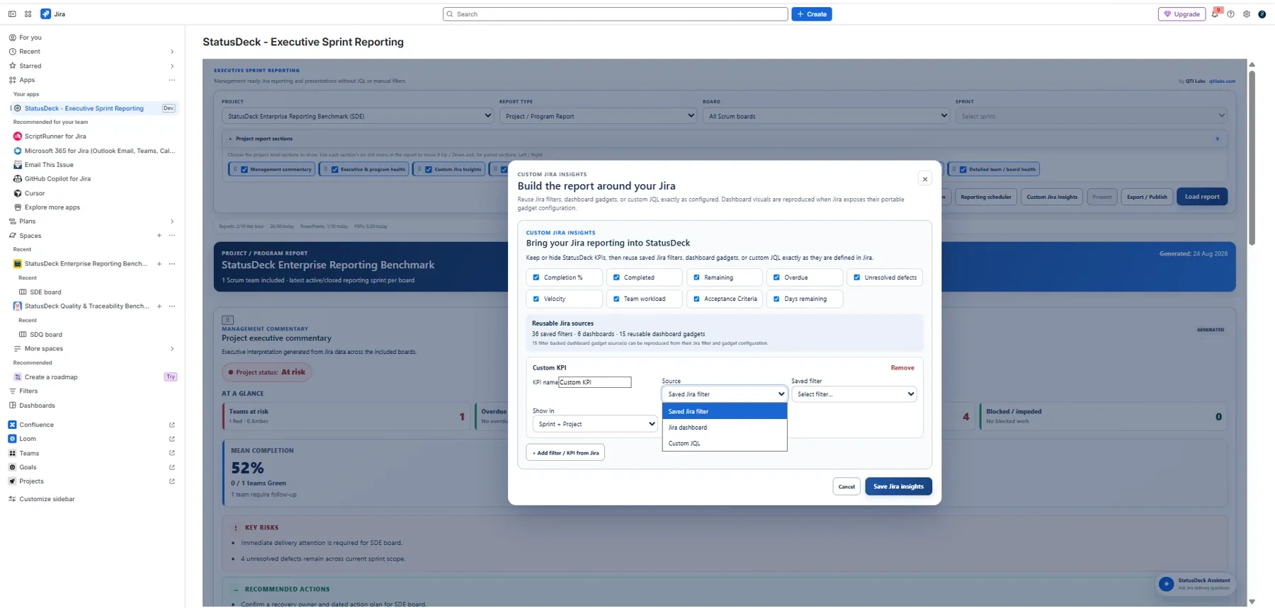 StatusDeck custom Jira insights using saved filters dashboards and JQL