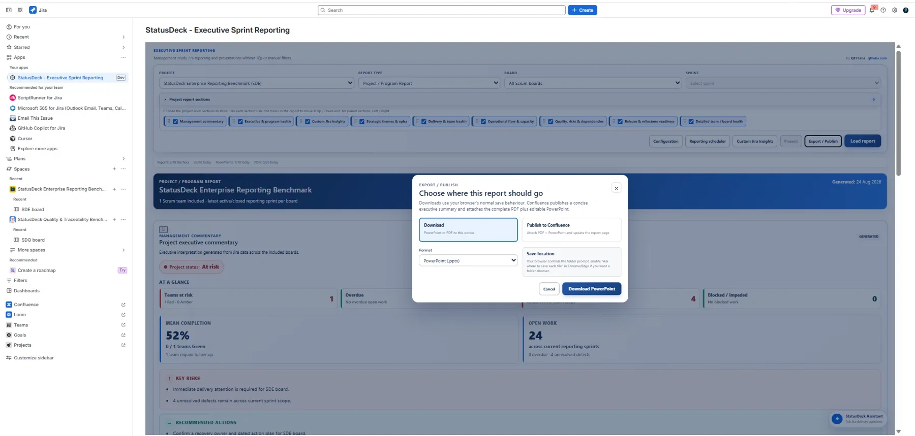 StatusDeck export to PowerPoint PDF or publish to Confluence