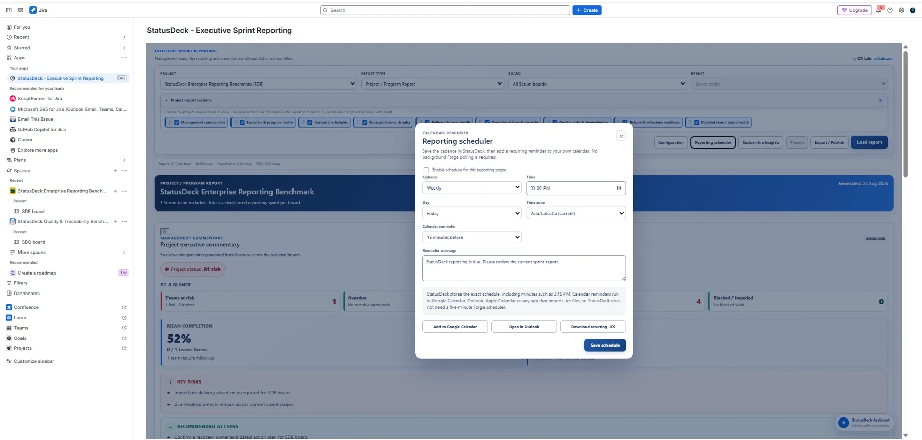 StatusDeck Reporting Scheduler calendar reminder