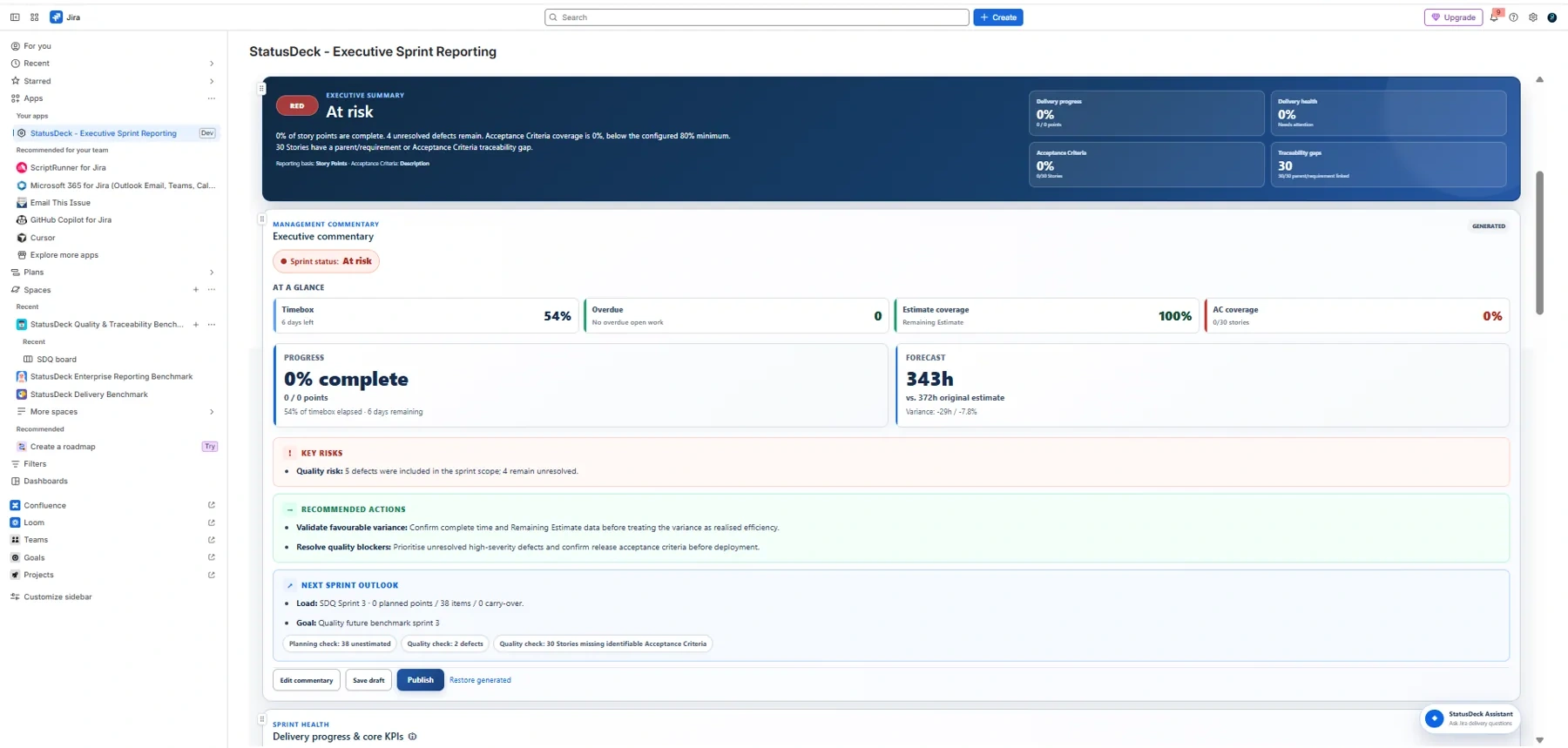 StatusDeck Management Commentary with progress forecast risks and recommended actions