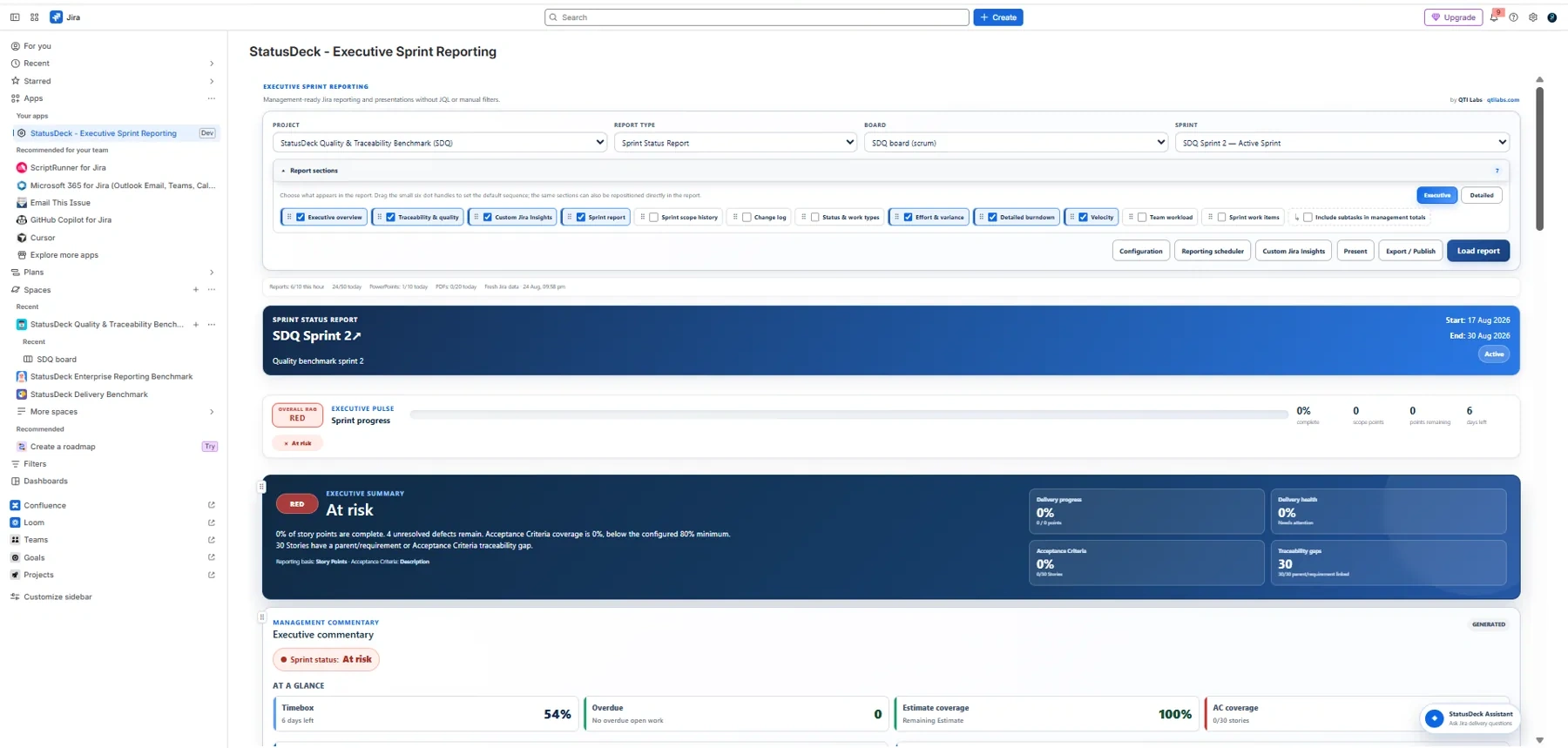 StatusDeck Sprint Status Report running inside Jira Cloud